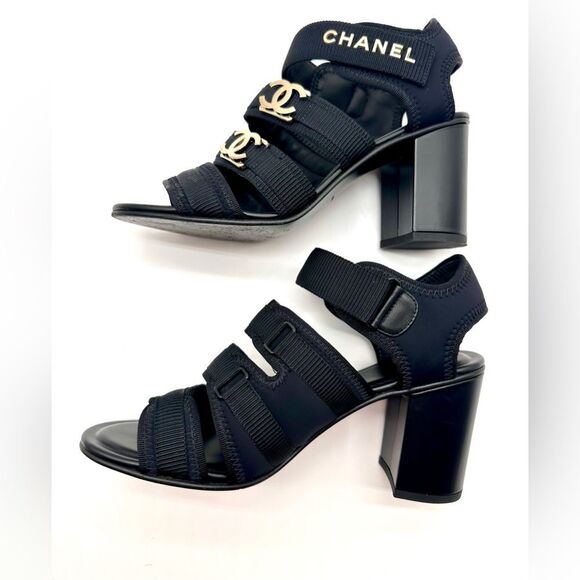 Chanel 24C Gold CHANEL & CC Logo Black Fabric Block Heel Strappy Sandals EU 37 - Picture 10 of 16